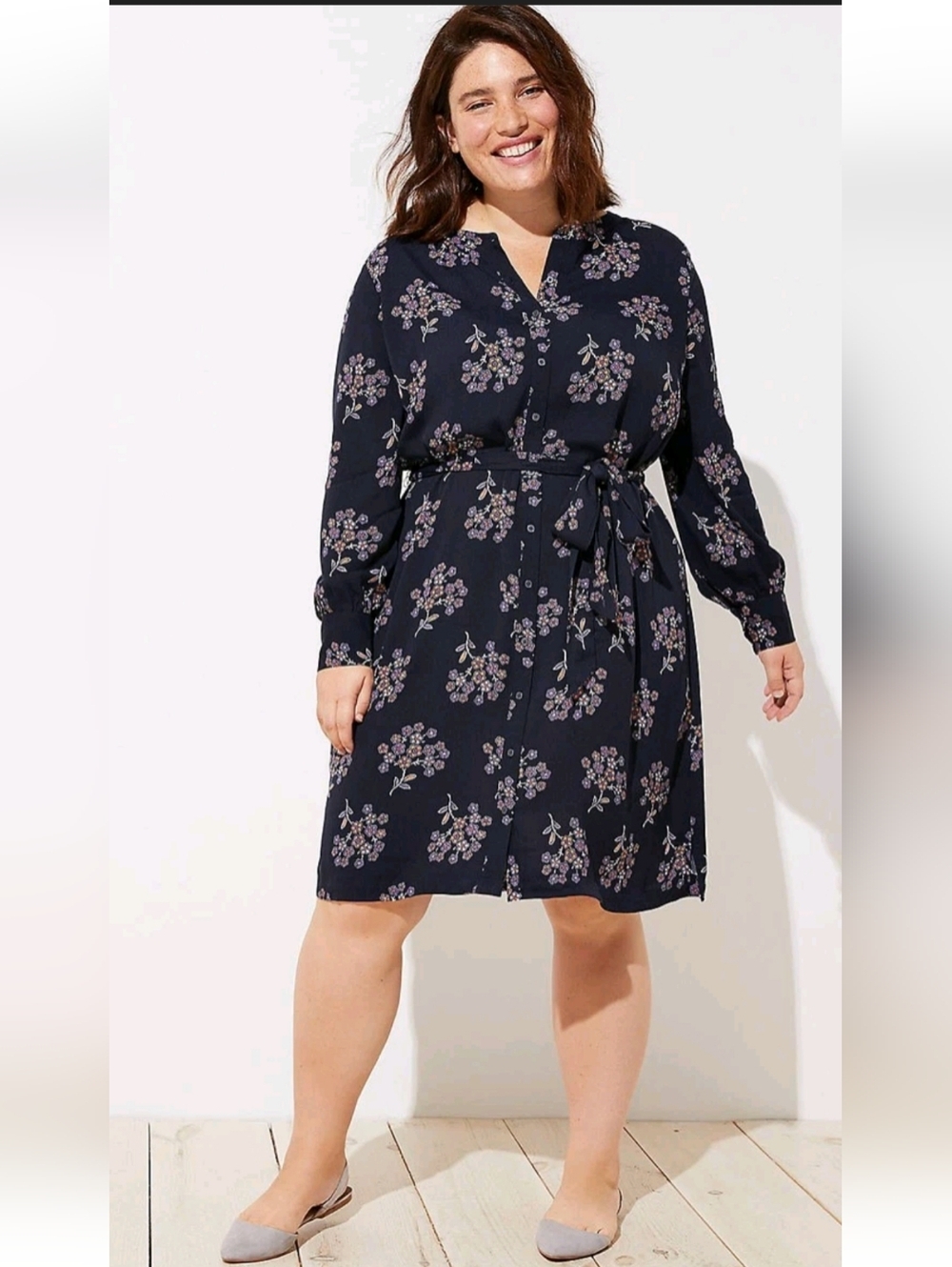 LOFT Plus Women's Black Floral Midi Button Down Shirt  Dress | Long Sleeve | 20